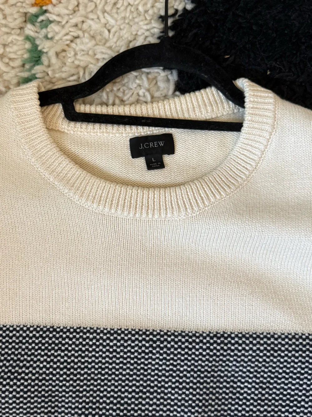 J. Crew Classic Crewneck Sweater with Contrast Stripe - Cream/Blue